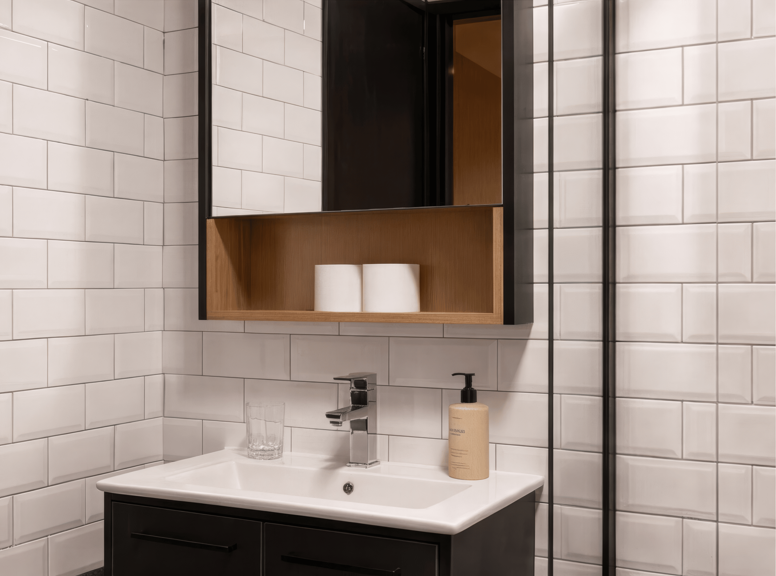 Banyo aynası ve ahşap raf
