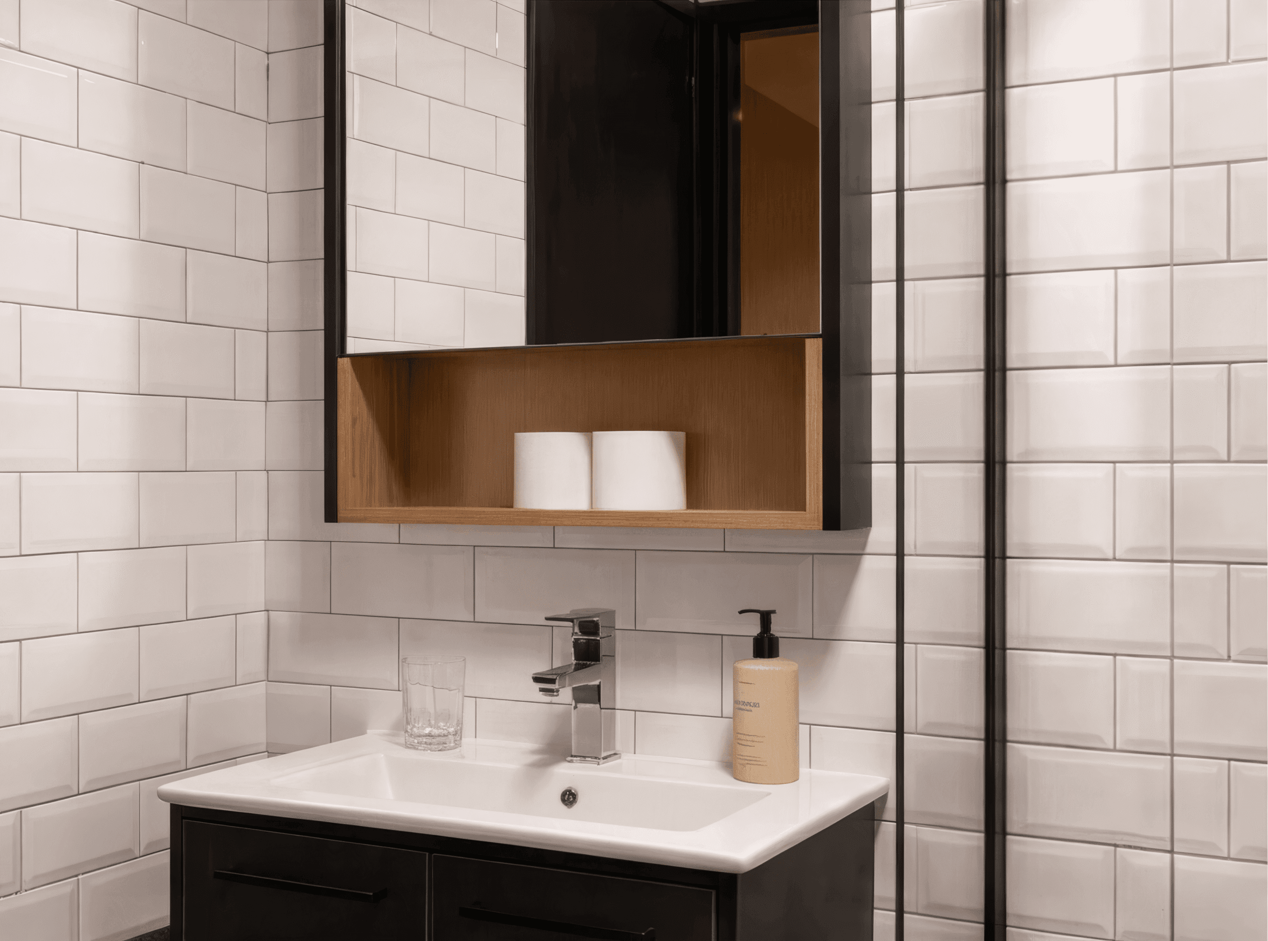 Banyo aynası ve ahşap raf
